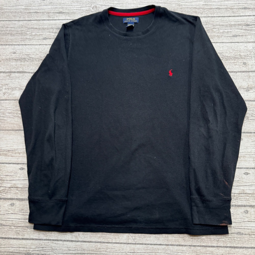 Polo Ralph Lauren Shirt Men's Large Black Waffle Knit Thermal Long Sleeve Lounge